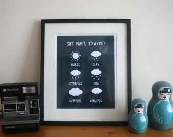 Illustrated weather symbols in Welsh