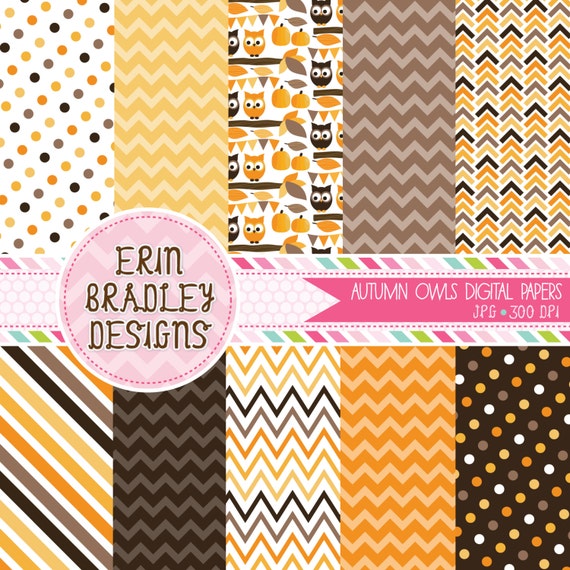 Autumn Owls Orange Brown and Yellow Digital Paper Pack INSTANT DOWNLOAD Il_570xn