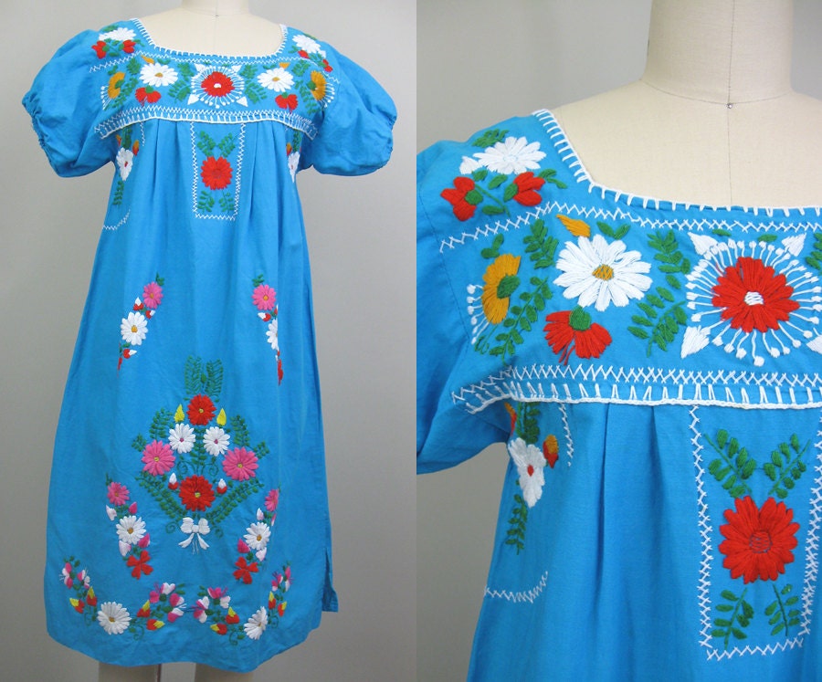 Vintage MEXICAN EMBROIDERED Dress // Blue Floral Cotton