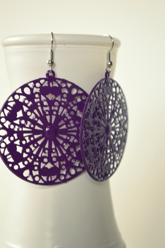 Large Purple Victorian Medallion Earrings, Statement Earrings, Bohemian Hippie Chic Earrings