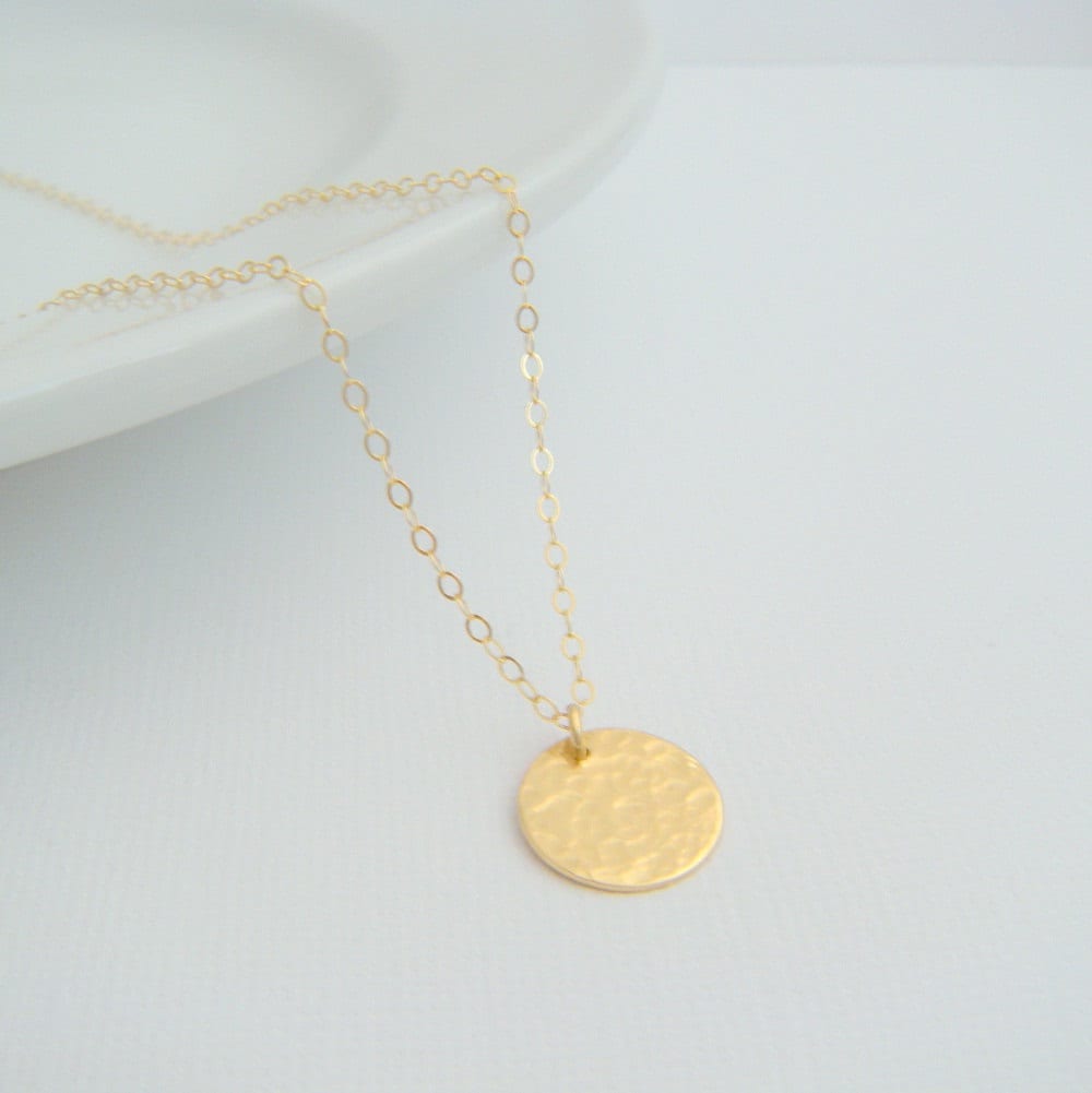 small gold necklace. hammered circle disc. 14k gold filled. 14