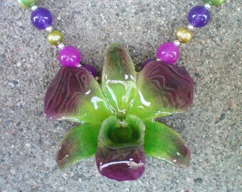 Free Shipping REAL Shades of Purple Orchid and Green ORCHID Amethyst, Jade and Pearls Sterling Silver Necklace