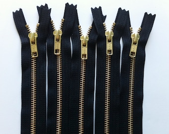 NUMBER 5s -Brass Zippers- closed bottom ykk gold metal teeth 5mm- (5) pieces - Black 580- Available in 5,6,7,8,12, and 20 Inches