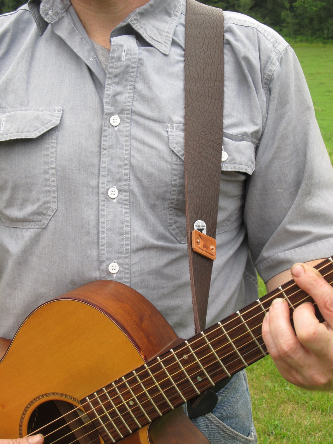 Leather Guitar Strap w/ pick holder Brown with Copper