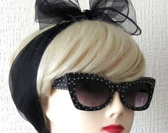Vintage Nylon Chiffon Scarf in Black, very Rockabilly, Pin Up. Deadstock 50s / 60s VLV