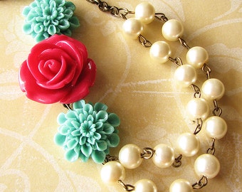 Multi Strand Necklace Flower Necklace Bridesmaid Jewelry Statement Necklace Turquoise Jewelry Red Rose Necklace