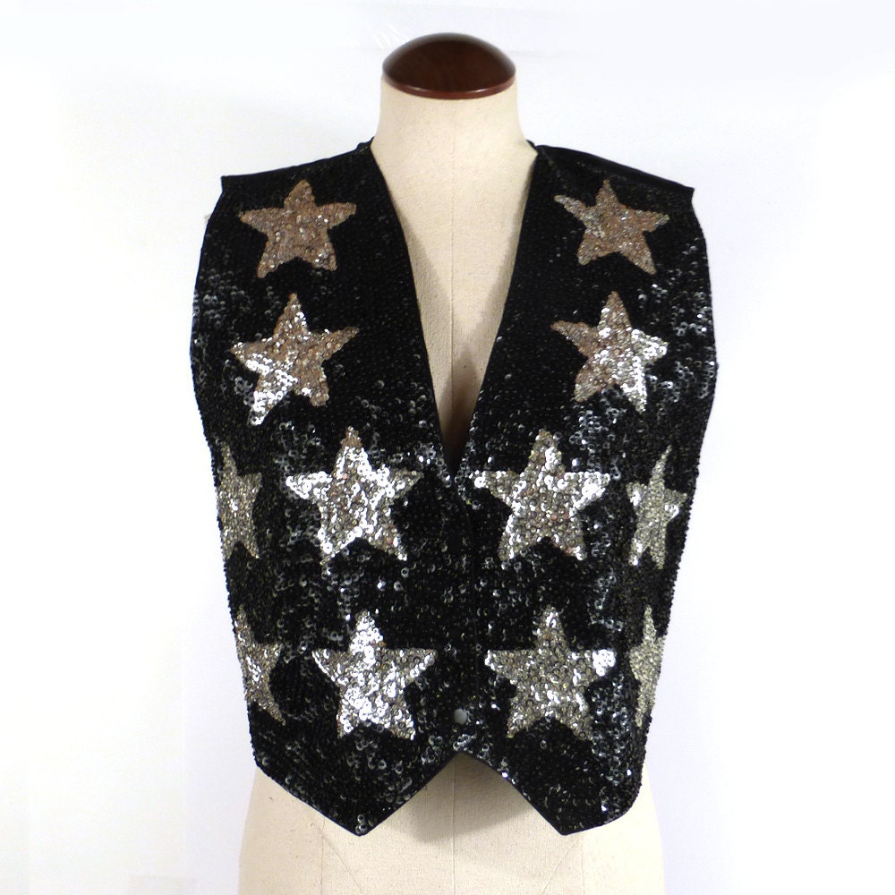 Black Sequin Vest Vintage 1980s Silver Stars