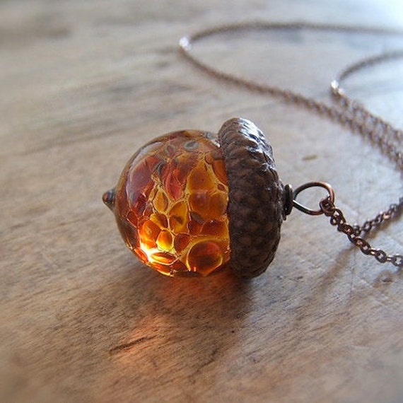 Glass Acorn Necklace in Autumn Tones by Bullseyebeads