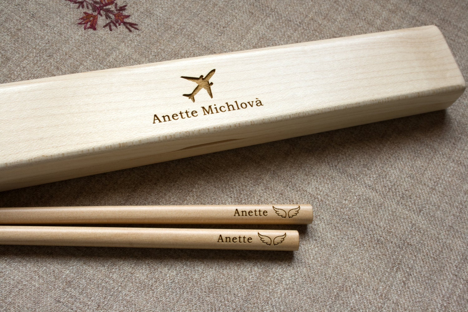 Engraved Chopstick Box Set Lightwood