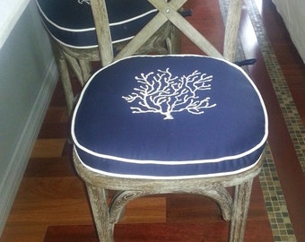embroidery coral monogram pillow blue sunbrella white linen cotton custom bar stool pillow