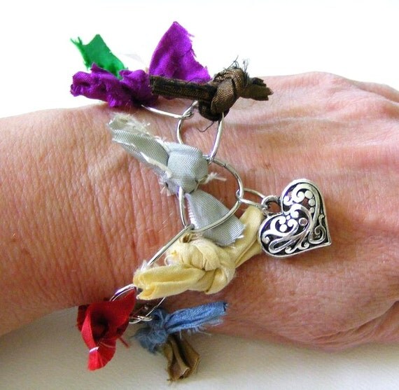 Large Link Silver Bracelet with Colorful Sari by meiguidesigns