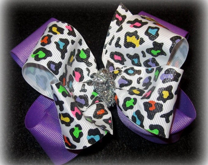 Leopard Hair Bow, Glitter Hairbows, Double Layered Hair Bow, Cheetah Bows, Sparkle Bow, Silver Purple Bow, Boutique Bow, Big Hairbows, Baby