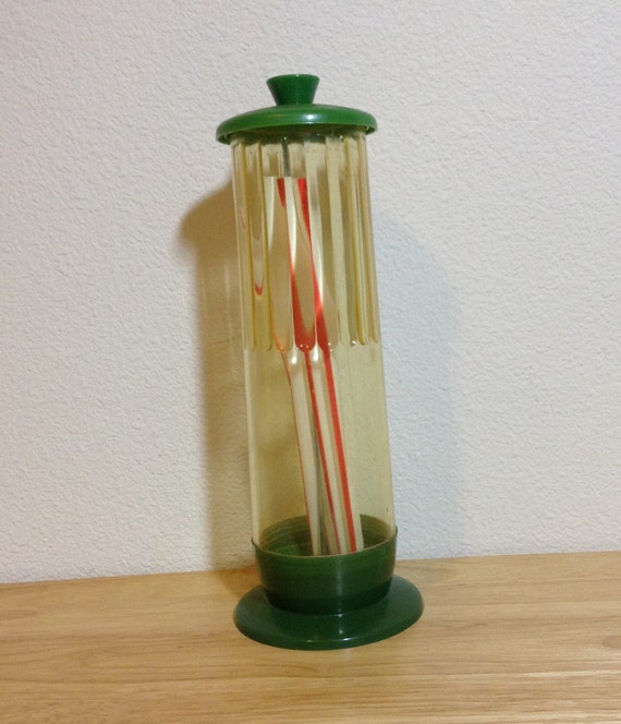 Vintage Green & Clear Plastic Straw Holder for Table or Kitchen Decor