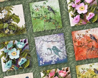 Peaceful Garden Printable Collage Sheet / Gardening / Flowers / Birds - INSTANT DOWNLOAD 1x1 Inch Square Tiles Digital JPG Collage Sheet