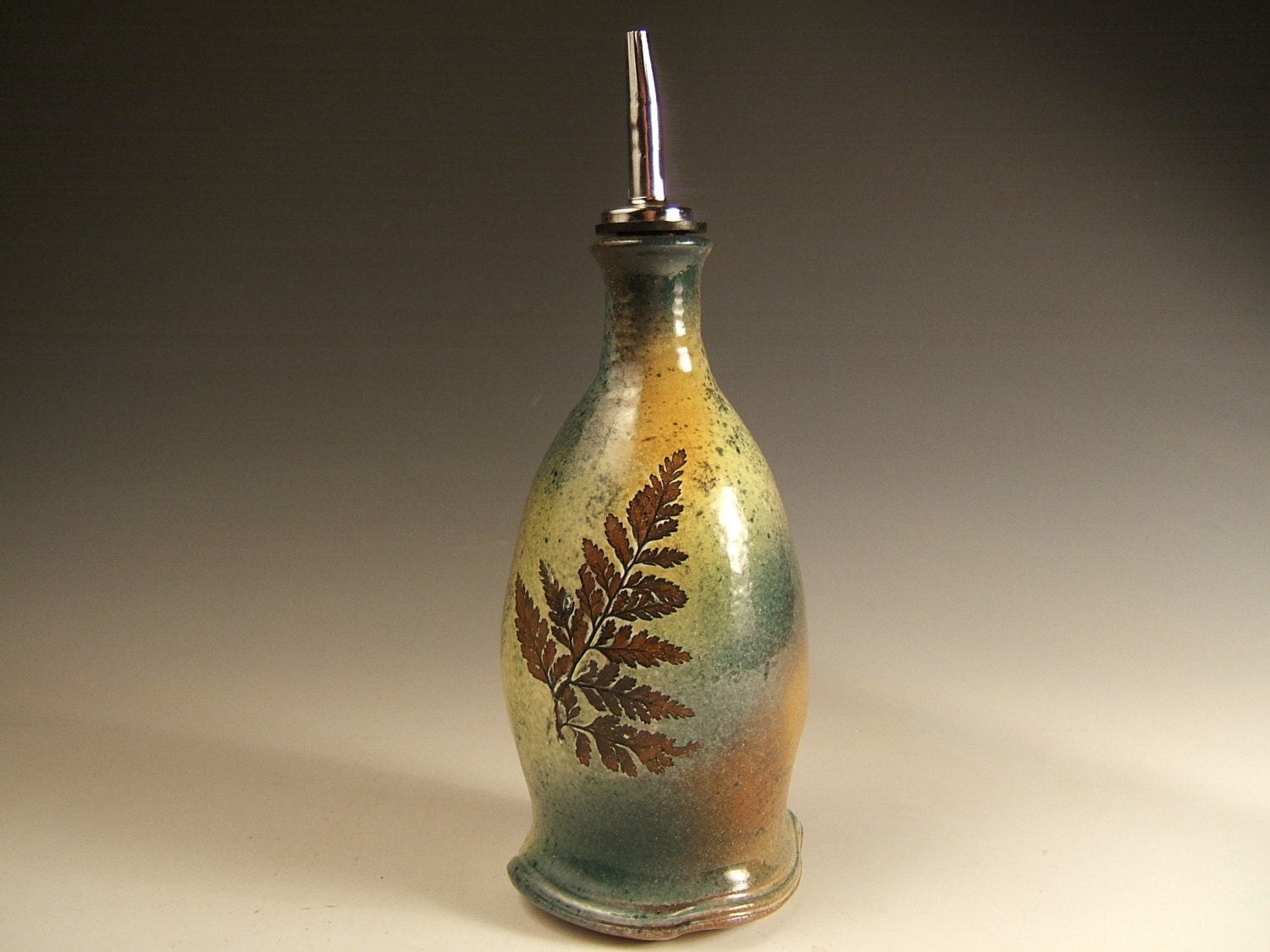 olive oil dispenser ceramic green leaf glaze with Silver
