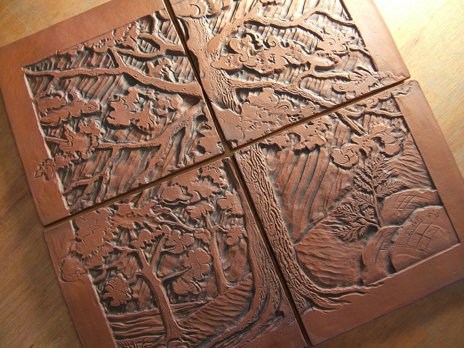 Craftsman Style Carved Tile Woodland Scene for Backsplash