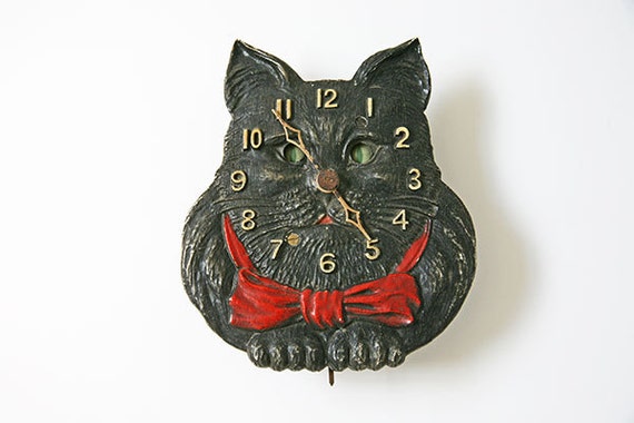 Vintage Black Cat Clock Antique Lux Clock Black Cat with Red