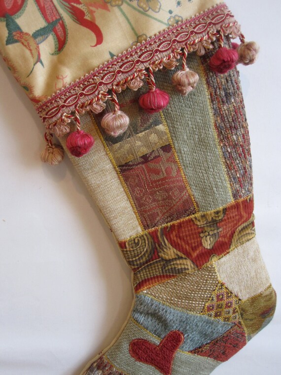 Victorian crazy quilt Christmas stocking in blue green tan