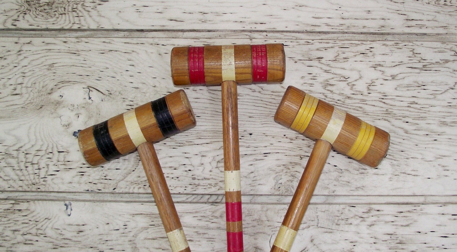 3 Vintage Wooden Croquet Mallets Red Yellow by PansyRoadVintage