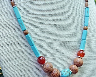 Long Turquoise Necklace - Turquoise Beads, Red Agate Beads, Wood Beads