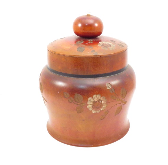 Wooden Humidor Hand Carved Floral Design Vintage 1930s Tobacco Jar or 