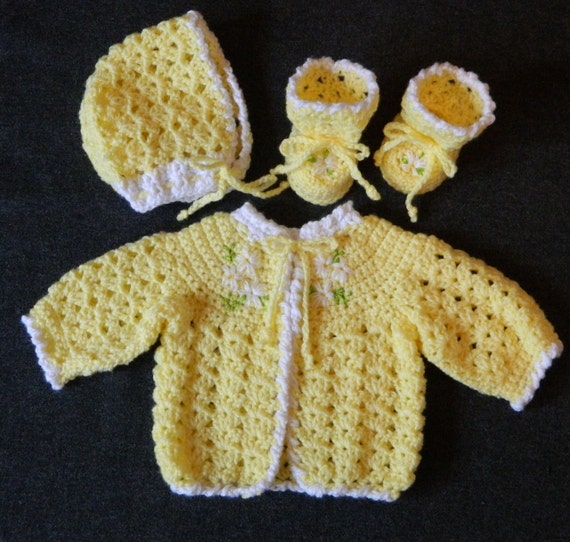 Crochet Baby Sweater Bonnet & Booties Pattern Fits A Small