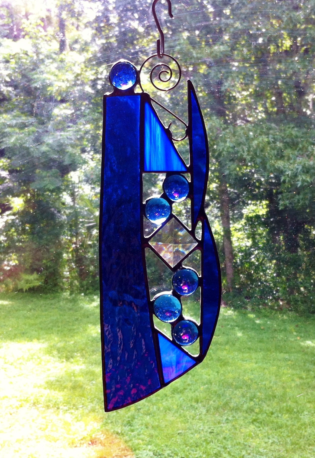 Custom Abstract Stained Glass Suncatcher with Blue Glass