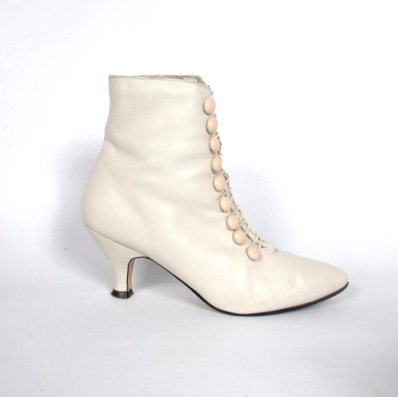 80s Victorian Granny Ankle Booties Cream Leather Madonna High