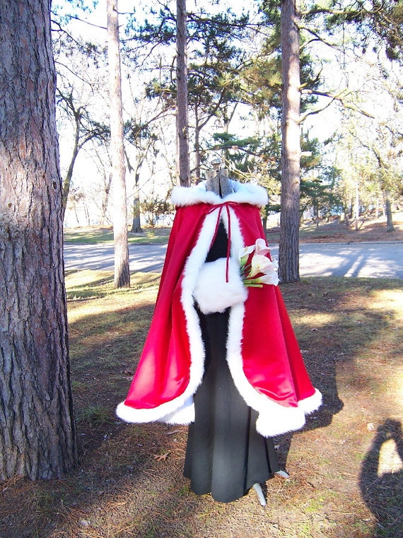Bridal Cape 37 inch Christmas RED / White Satin with Fur trim