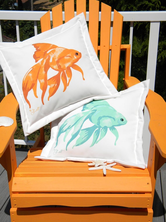 Outdoor pillow goldfish gold fish painted 20" square all weather