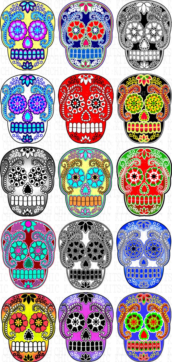 Colorful Sugar Skull Digital Pictures by ChicKitsch on Etsy