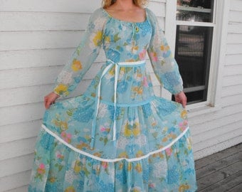 Blue Hippie Dress Floral Print Maxi Lori Ann Vintage 70s Spring 1970s XS S