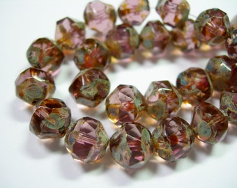 15 8mm Amethyst Puple Traverine faceted Firepolished Thru Cuts Czech Glass Beads