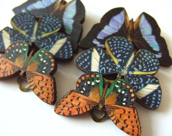 Fantastic, wooden, butterfly, CLIP ON, Earrings, choose style, by NewellsJewels On etsy