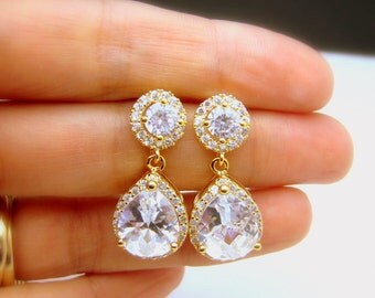 bridal jewelry wedding jewelry wedding gold earring Bridesmaid jewelry prom party gift Clear white teardrop AAA cubic zirconia post earrings