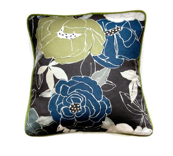 Floral linen print cushion English country house style blue