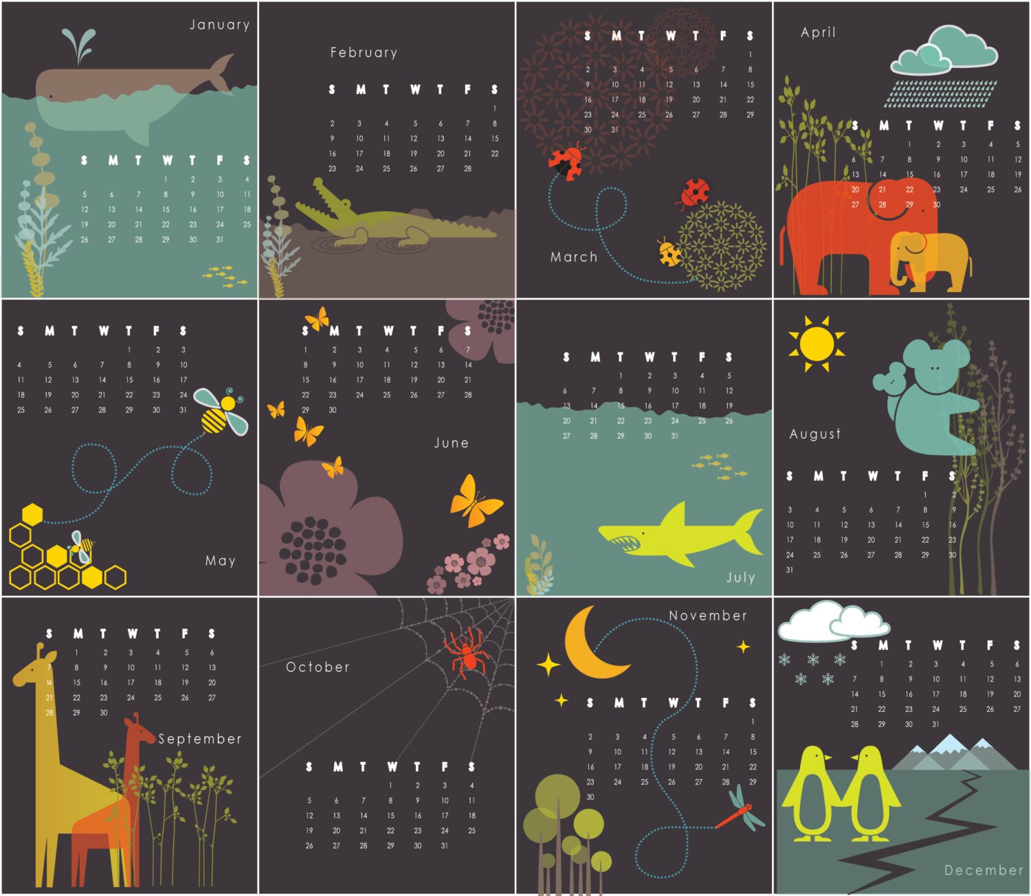 2014 Printable Calendar CD Case Fun Colorful Illustrations