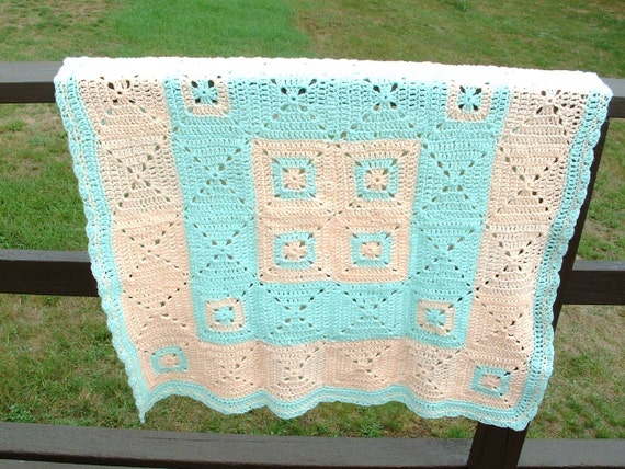 Crochet Baby Blanket // Granny Square Afghan // Mint Green // Crib Blanket // Peach and Green