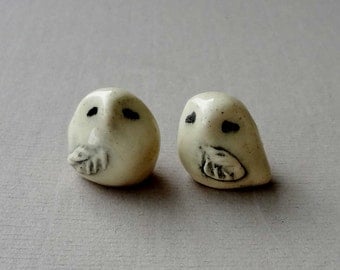 Snowy Owl Miniature Terrarium Figurines - Pottery Owls - Ceramic Snowy Owls - Sculpted Animals - pocket owl - Set of Two (studio choice)