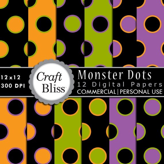 Halloween Monster Dots Digital Papers Commercial Use No Credit Required INSTANT DOWNLOAD 300 DPI 12x12 JPGs For Crafts, Scrapbooks, Parties Il_570xn