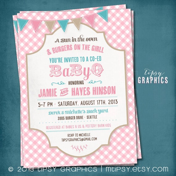 Picnic Baby Barbecue. Co-Ed Gingham BabyQ Baby Shower Party Invitation. Any text or Colors by Tipsy Graphics Il_570xn