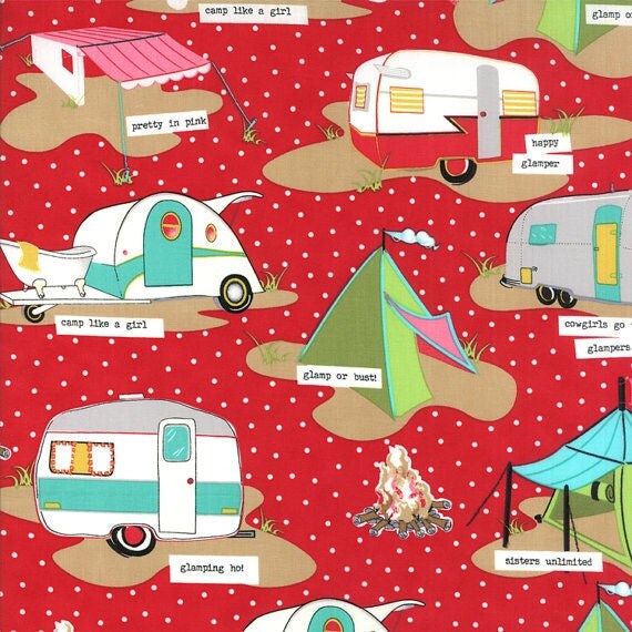 GLAMPING Barn RED Aqua Glamour CAMPING quilt fabric Mary Jane