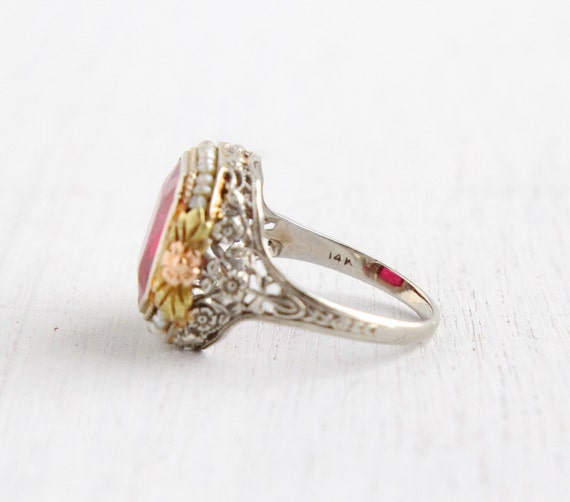 Antique 14k White Gold Ruby & Seed Pearl Ring Size 8 Vintage