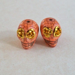 I Only Have Eyes For You Dear Peachy Orange Skull Beads with Golden Yellow Flowers