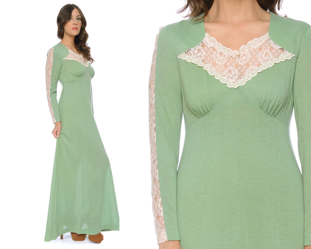 70s Victorian Dress Mint Green Cream Lace by GravelGhostVintage
