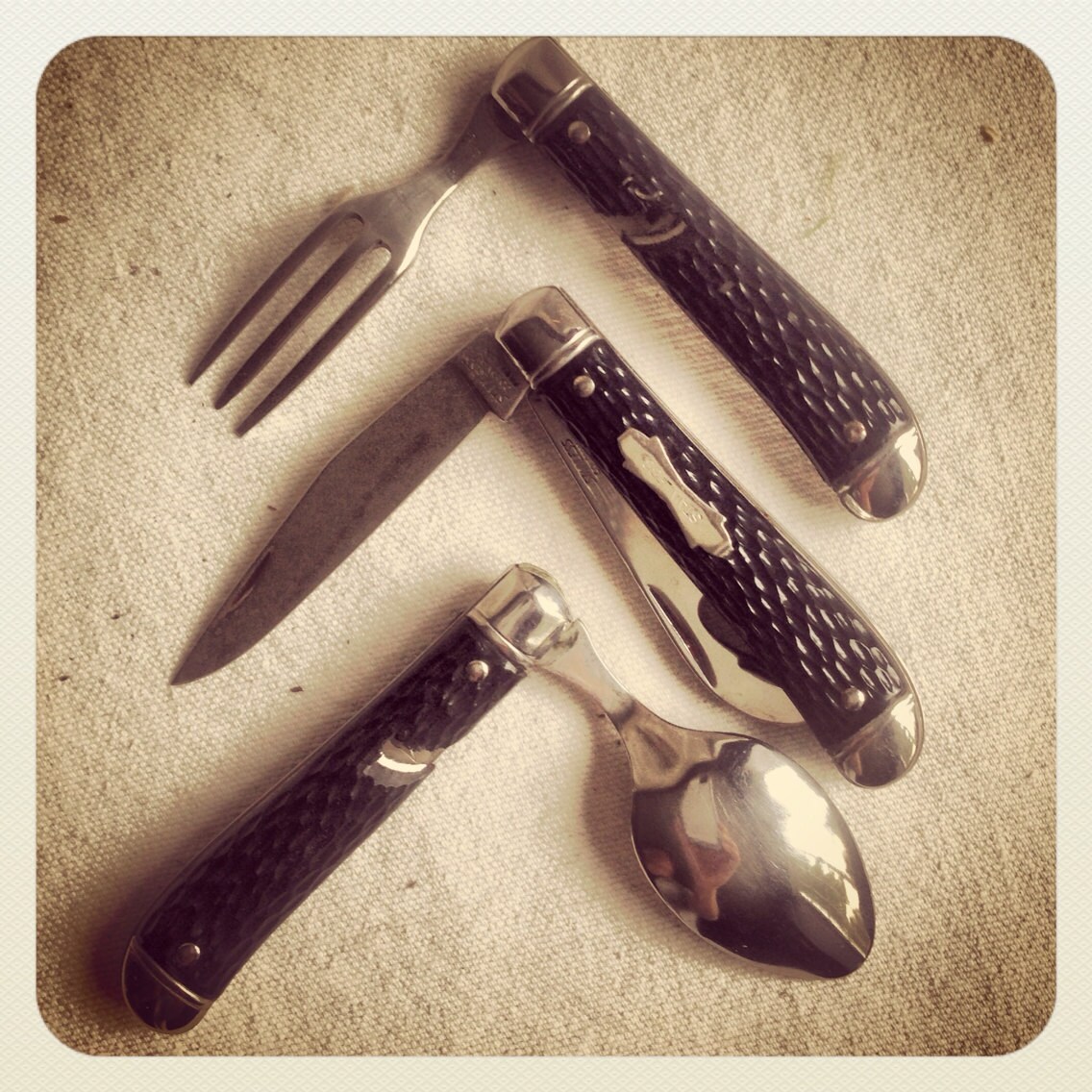 Vintage Colonial camping pocket knife set utensil set