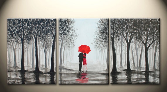 original abstract painting kissing in rain black white