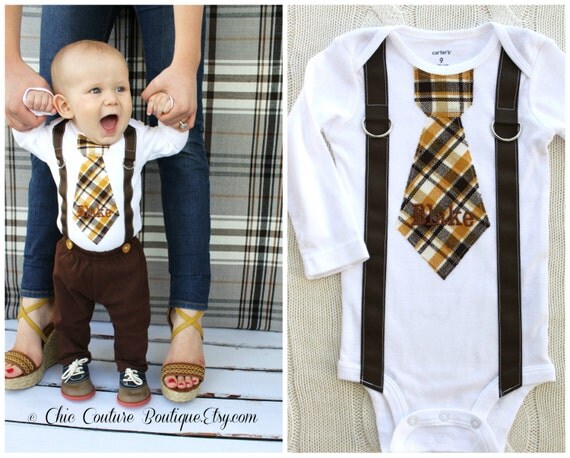 Baby Boy Personalized Tie and Suspenders Bodysuit. Birthday Outfit Cake Smash Winter Wedding Ring Bearer Suspender Fall Thanksgiving Plaid by ChicCoutureBoutique