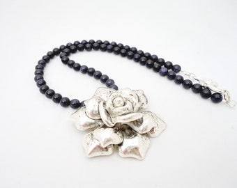 Blue Golden Sand Necklace with Big Rose Pendant, Dark Blue Necklace, Gemstone Necklace, UK Seller