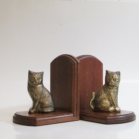 Bookends / Cats / Vintage Brass and Wood